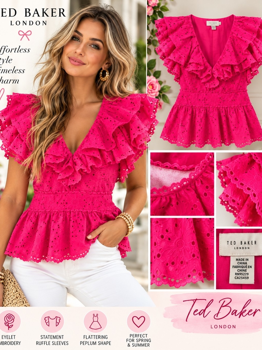 Ted Baker Hot Pink Eyelet Ruffle Peplum Blouse